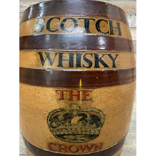 480 - Victorian salt glaze stoneware whiskey barrel, inscribed 'Scotch Whiskey, The Crown' with crown moti... 