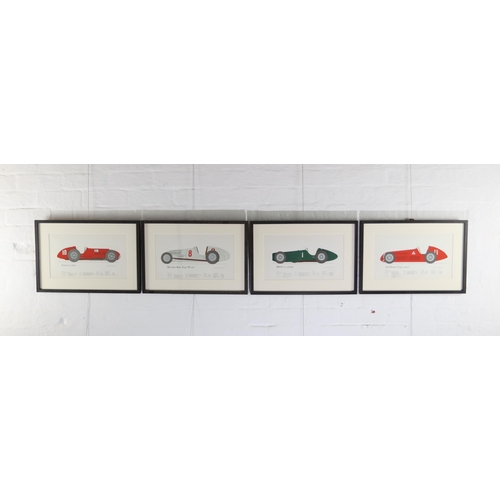 1455 - Set of four framed illustrated and coloured plates depicting early racing cars, printed and publishe... 