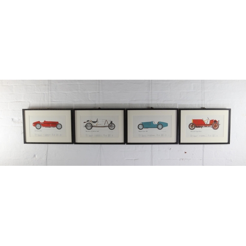 1456 - Set of four framed illustrated and coloured plates depicting early racing cars, printed and publishe... 