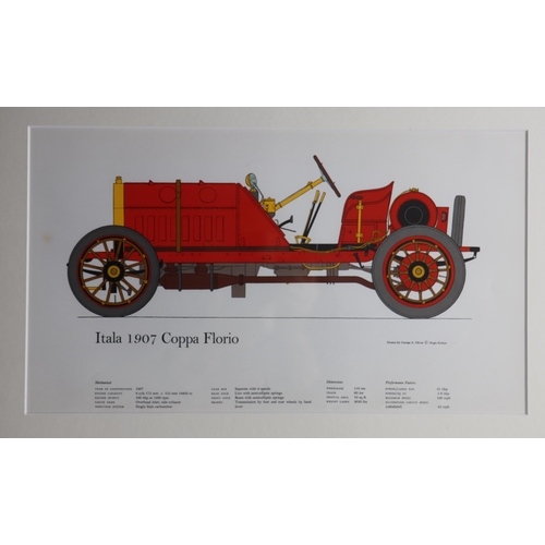 1456 - Set of four framed illustrated and coloured plates depicting early racing cars, printed and publishe... 