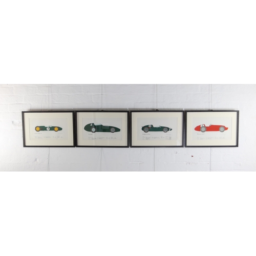 1467 - Set of four framed illustrated and coloured plates depicting early racing cars, printed and publishe... 