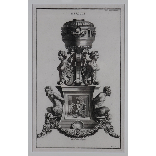 1468 - Three early 18th Century engravings of a bronze Stand depicting the life of Hercules, produced by Do... 