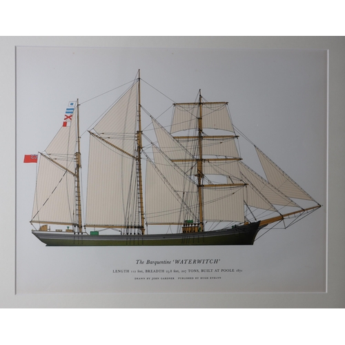 1481 - Set of three sailing ship illustration coloured plates, comprising The Barquentine 'Waterwitch', The... 