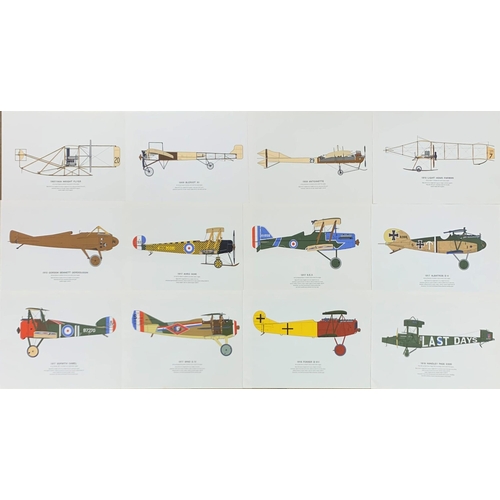 1489 - Collection of Early Aeroplanes 1907-18 prints, produced by Hugh Eveleyn London, illustrated by Roy C... 