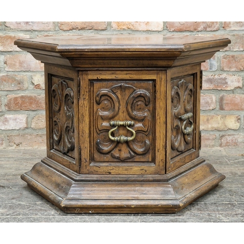 1315 - 20th century hexagonal table with carved detail, the two hinged doors fitted with brass handles, H 5... 