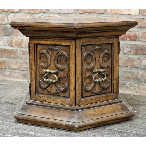 1315 - 20th century hexagonal table with carved detail, the two hinged doors fitted with brass handles, H 5... 