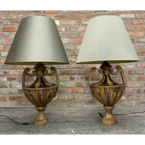 1403 - Impressive pair of French carved wood urn table lamps with acanthus leaf and pierced body, both havi... 