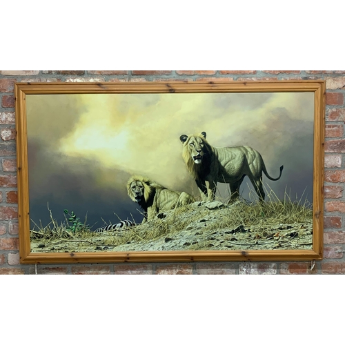 1507 - Craig Bone (1955-) Two Lions in landscape scene, signed, oil on canvas, 160cm x 90cm, framed