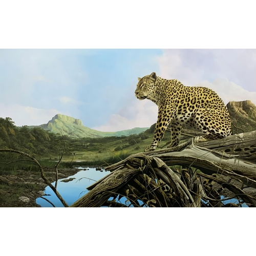 1508 - Craig Bone (1955-) Leopard in landscape scene, signed, oil on canvas, 120cm x 75cm, framed