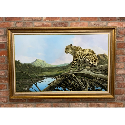 1508 - Craig Bone (1955-) Leopard in landscape scene, signed, oil on canvas, 120cm x 75cm, framed