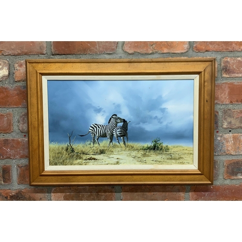 1512 - Craig Bone (1955-) two Zebras in landscape scene, signed, oil on canvas, 48cm x 28cm, framed