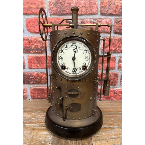 305 - Large Industrial 8 day brass automaton steam wheel engine mantle clock, H 42cm