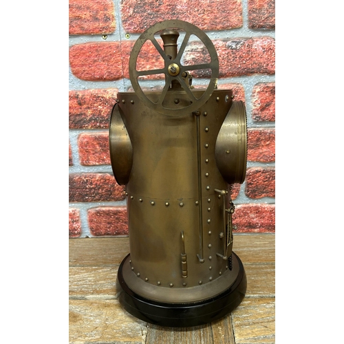 305 - Large Industrial 8 day brass automaton steam wheel engine mantle clock, H 42cm