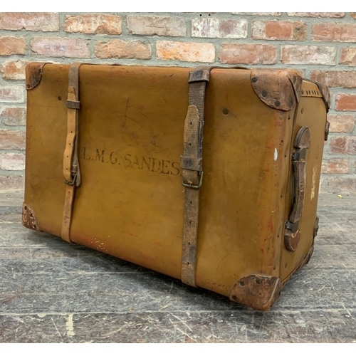 608 - Antique brown leather travel suitcase, name to top 'M.G Sands', 75cm x 48cm x 34cm