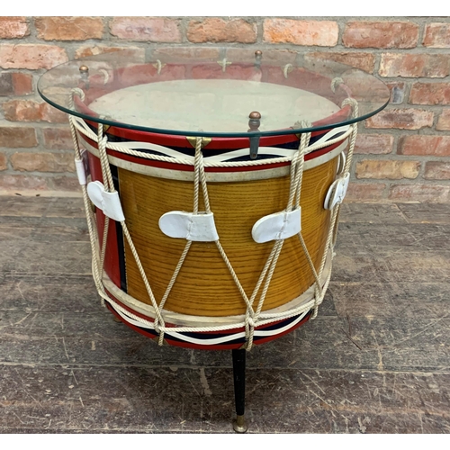 1340 - Converted Corps Of Royal Engineers Drum side table with glass top, H 61cm x D 59cm