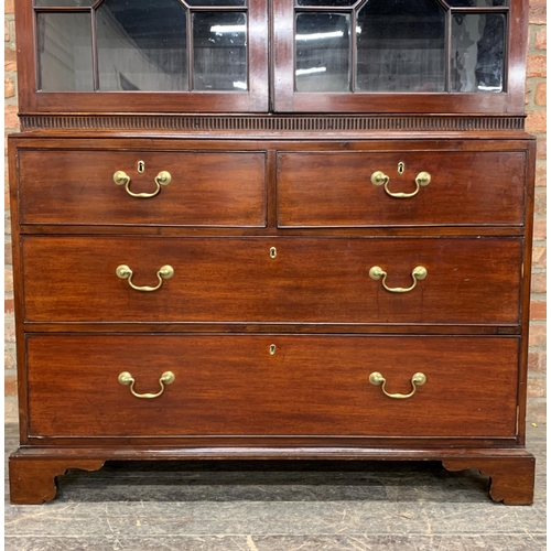 1345 - 19th century mahogany display cabinet, swan pediment with fluted urn finial, base with two short and... 