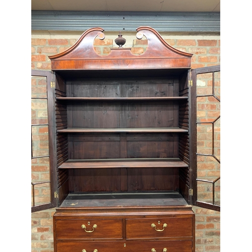 1345 - 19th century mahogany display cabinet, swan pediment with fluted urn finial, base with two short and... 