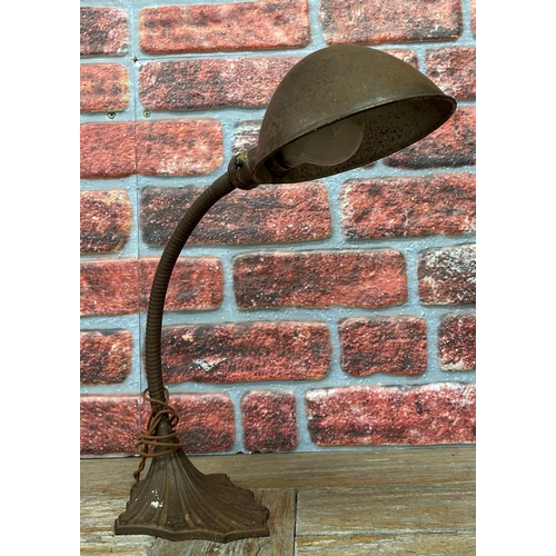 1404 - Art Deco Industrial goose neck table lamp, H 43cm