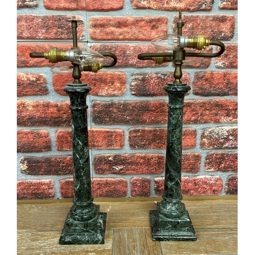 1405 - Pair of Cornish serpentine stone marble table lamps, having double bayonet bulb and original tin sha... 