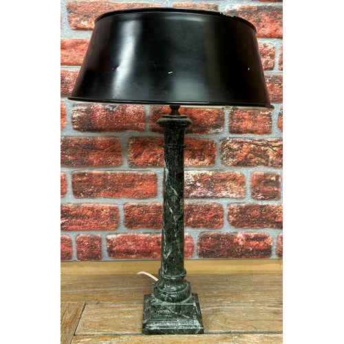 1405 - Pair of Cornish serpentine stone marble table lamps, having double bayonet bulb and original tin sha... 