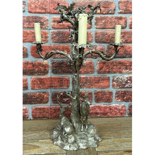 160 - Impressive Elkington & Co silver plate candelabra having oak tree and stag decoration, stamped to ba... 