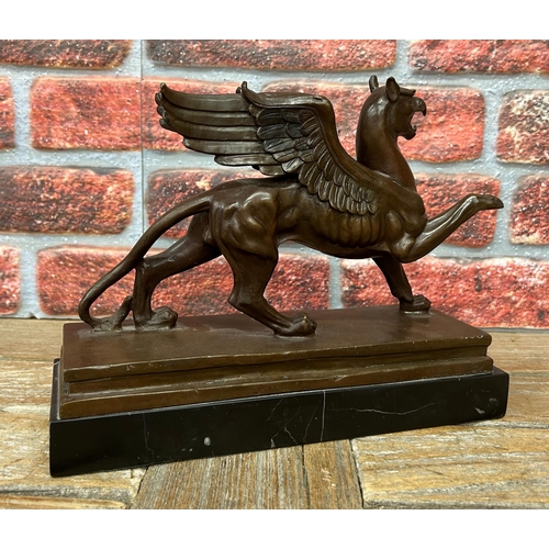 516 - Antique bronze sculpture of a Griffin mounted atop rectangular marble base, L 30cm x H 26cm