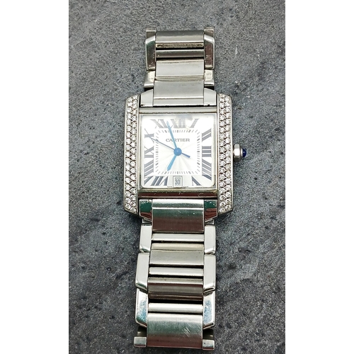 28 - Cartier Tank Francaise Automatic stainless steel watch, 28mm case set with two rows of diamonds, tex... 