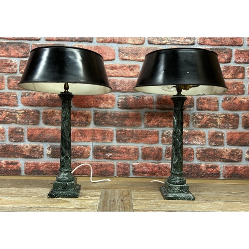 1405 - Pair of Cornish serpentine stone marble table lamps, having double bayonet bulb and original tin sha... 