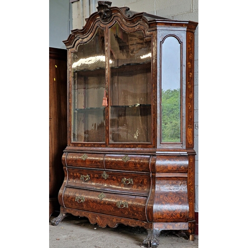 1184 - Good quality 18th century Dutch walnut and marquetry inlaid bombe display cabinet, the moulded and a... 