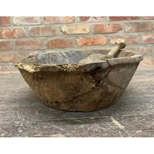 544 - Early Large Treen Dairy Bowl With Similar Period Sculptors Mallet (2)