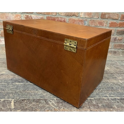 1176 - Contemporary Laura Ashley brown leather trunk with brass lock and hinge, 76cm x 40cm x 41cm