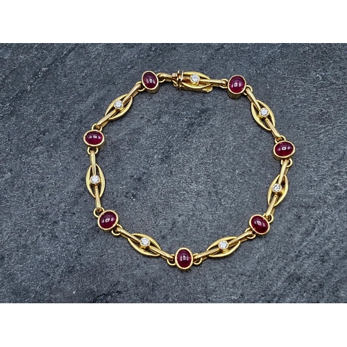 44 - Good quality 18ct ruby cabochon and diamond bracelet, with seven rubies and seven .15 diamonds, make... 