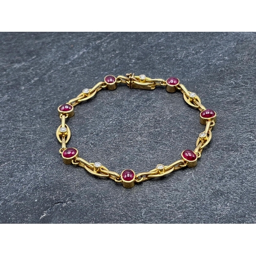 44 - Good quality 18ct ruby cabochon and diamond bracelet, with seven rubies and seven .15 diamonds, make... 