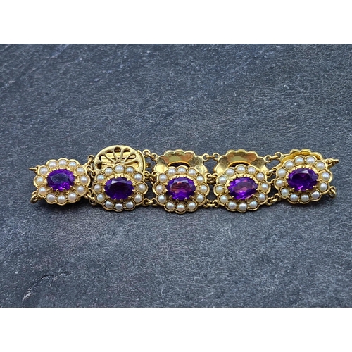 45 - Victorian style 9ct amethyst and seed pearl panel bracelet, fitted with ten amethysts each framed wi... 