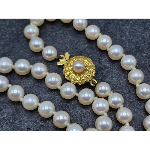 46 - Good string of pearls possibly by Mikimoto with 18ct floral clasp, 47.5cm long, 21.6g gross, in orig... 