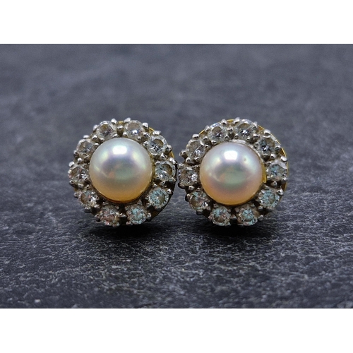 47 - Good quality pair of 18ct pearl and diamond cluster earrings, maker DJ, London 1987, 5g