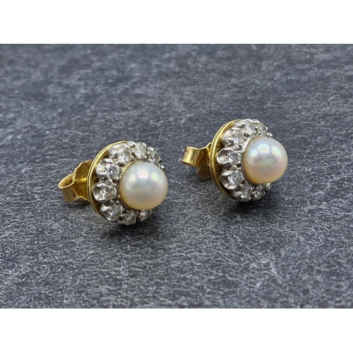 47 - Good quality pair of 18ct pearl and diamond cluster earrings, maker DJ, London 1987, 5g