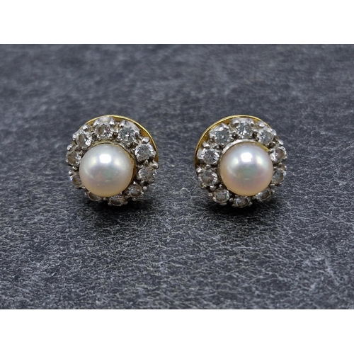 47 - Good quality pair of 18ct pearl and diamond cluster earrings, maker DJ, London 1987, 5g