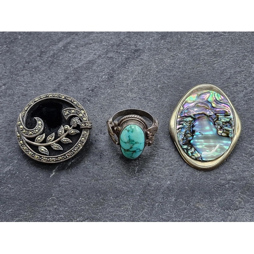 72 - Silver Whitby jet and marcasite mourning brooch, silver and abalone shell brooch and silver turquois... 