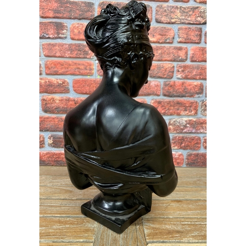 477 - Art Nouveau ebonised plaster bust of semi nude maiden, H 62cm