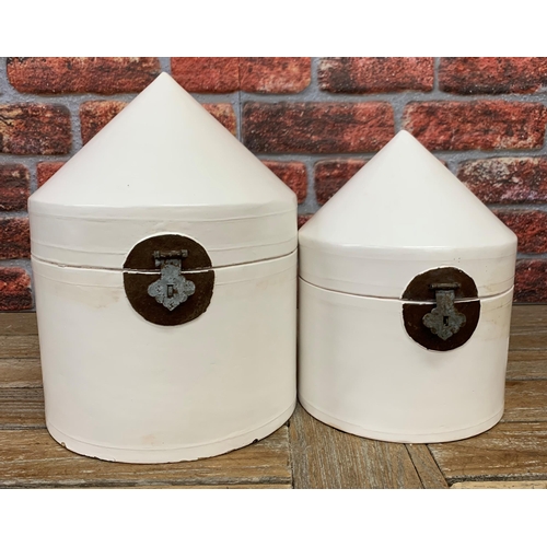 404 - Collection of white painted graduating Oriental rice canisters, largest H 37cm