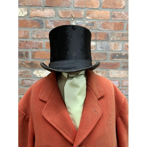 593 - Vintage gentleman's red hunt coat with black silk top hat held on tripod mannequin