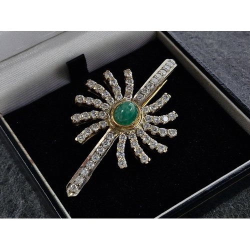 83 - Impressive Russian 18ct diamond and emerald cabochon sunburst brooch, sixty four brilliant cut diamo... 