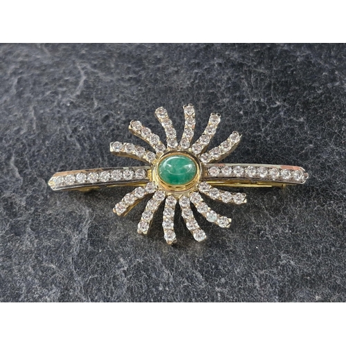 83 - Impressive Russian 18ct diamond and emerald cabochon sunburst brooch, sixty four brilliant cut diamo... 