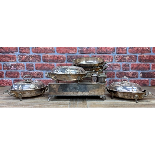 155 - Large collection of silver plate serving ware to include tureens, mustard pots and serving stand, th... 