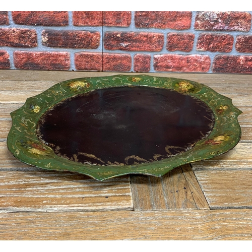 518 - Large Victorian hand painted floral rim toleware tray, 64cm X 54cm