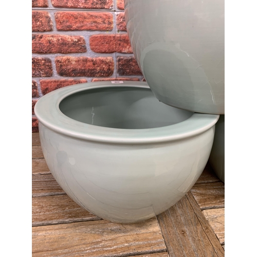 403 - Three large contemporary Chinese celadon planters, H 28cm x D 41cm (3)