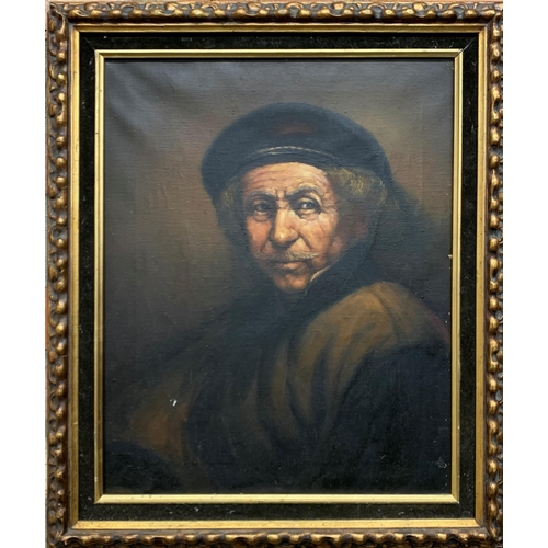 1535 - After Rembrandt Harmenszoon van Rijn - self portrait, oil on canvas, 50 x 40cm, framed