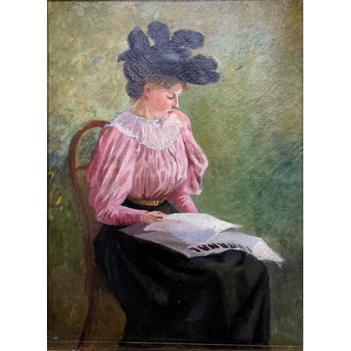 1536 - Early 20th century school - portrait of a seated lady reading, unsigned, oil on canvas, 56 x 42cm, p... 