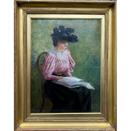 1536 - Early 20th century school - portrait of a seated lady reading, unsigned, oil on canvas, 56 x 42cm, p... 